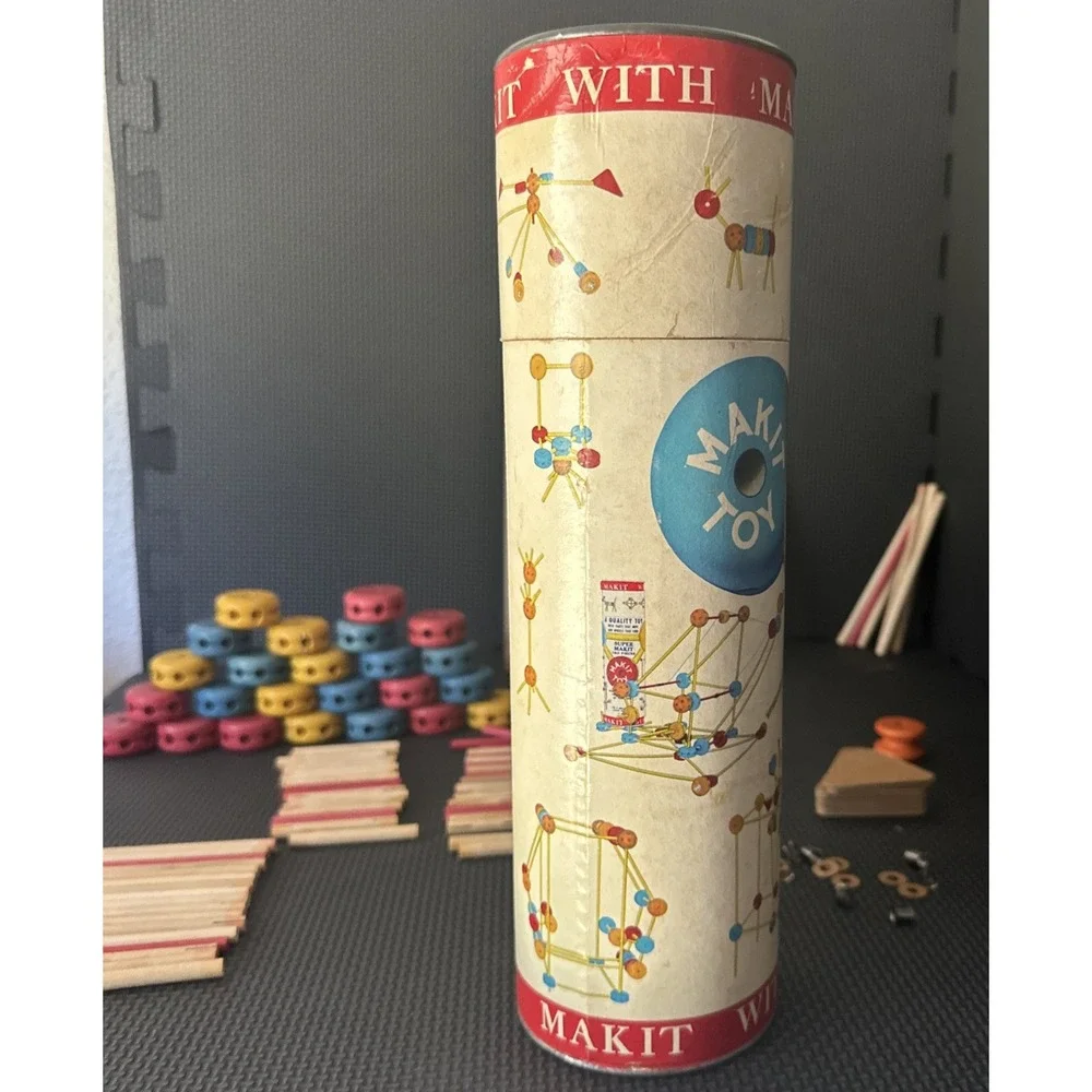 Vintage Makit Build Toy 90+ Pieces with Canister